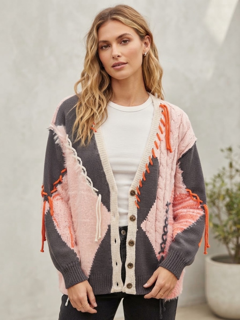 POL Pink and Gray Patchwork Knit Cardigan with Orange Stitching